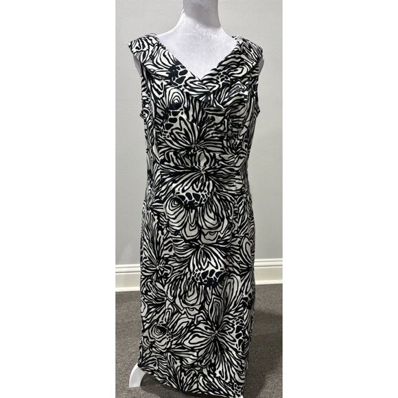 Jones New York Black/White Sheath Dress Boat Colar V neck size 10 Midi Modest - Picture 1 of 8